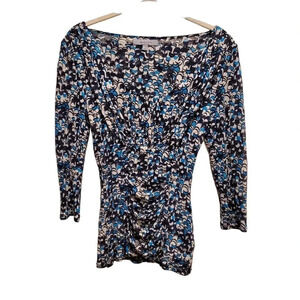 Classiques Entier Vintage Y2K Blue Black White Gathers Stretch Silk Top Blouse S